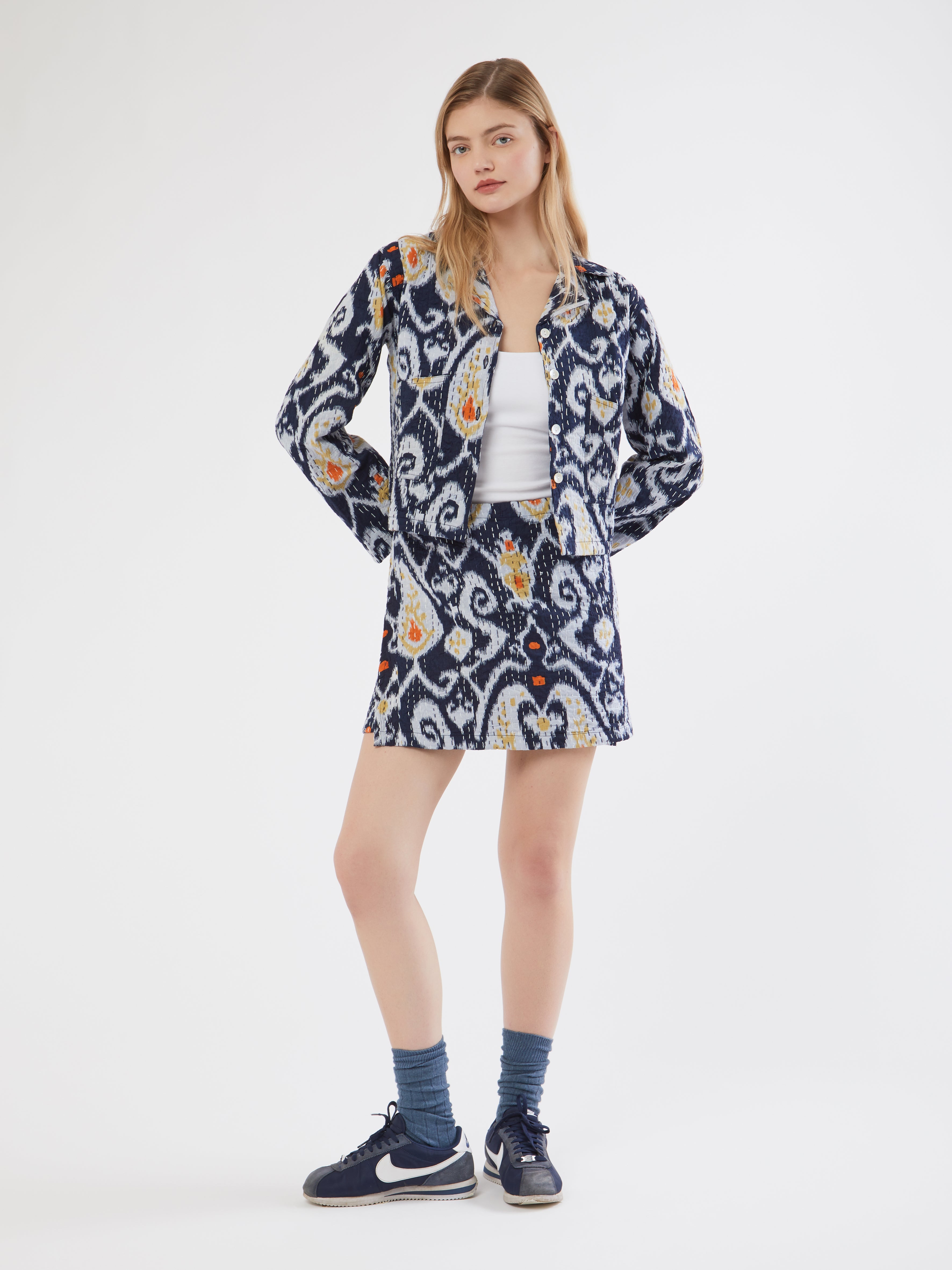 Handmade, handmade in india, Summer 2024, SS24, Khantha fabric, Indian textiles Embroidery, Blazers, Skirts, Handcrafted, Traditional craftsmanship, Contemporary fashion, Co-Ords, Sets, Matching sets, Mix Matching, Sustainable Fashion, Customizable fit, Unique textiles, Day to night wear, Quilt, Embroidery
