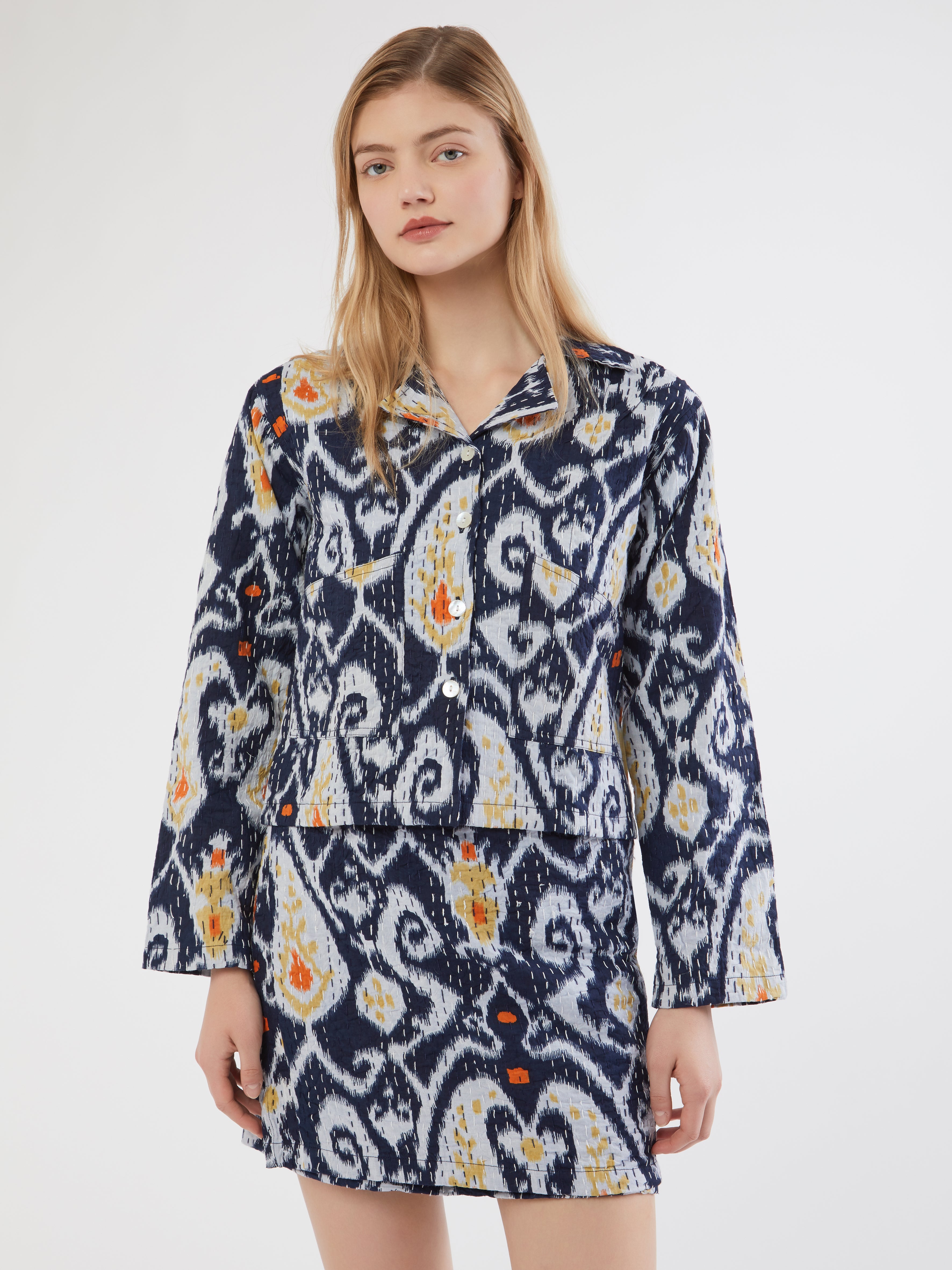 Handmade, handmade in india, Summer 2024, SS24, Khantha fabric, Indian textiles Embroidery, Blazers, Skirts, Handcrafted, Traditional craftsmanship, Contemporary fashion, Co-Ords, Sets, Matching sets, Mix Matching, Sustainable Fashion, Customizable fit, Unique textiles, Day to night wear, Quilt, Embroidery
