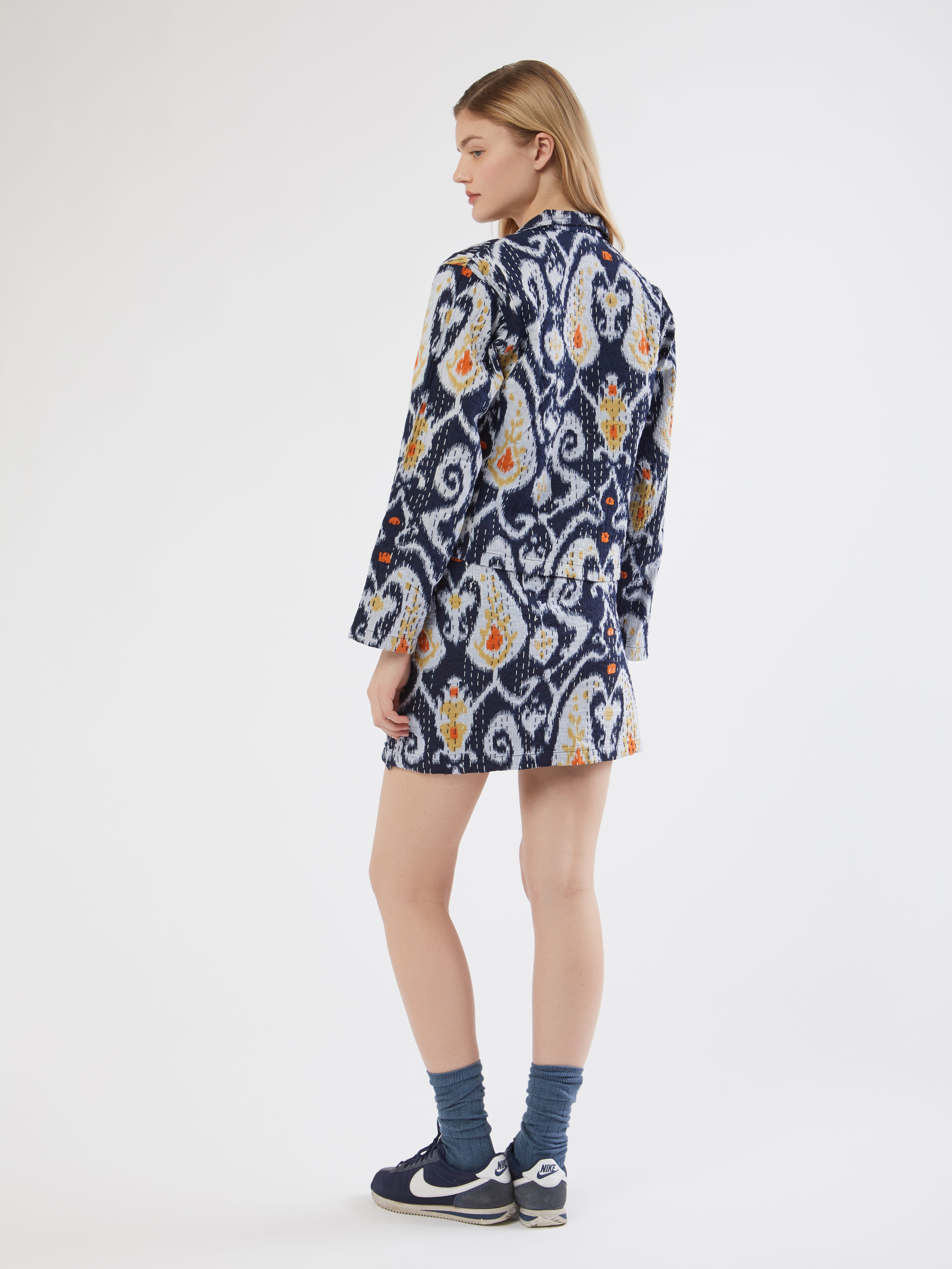 Handmade, handmade in india, Summer 2024, SS24, Khantha fabric, Indian textiles Embroidery, Blazers, Skirts, Handcrafted, Traditional craftsmanship, Contemporary fashion, Co-Ords, Sets, Matching sets, Mix Matching, Sustainable Fashion, Customizable fit, Unique textiles, Day to night wear, Quilt, Embroidery