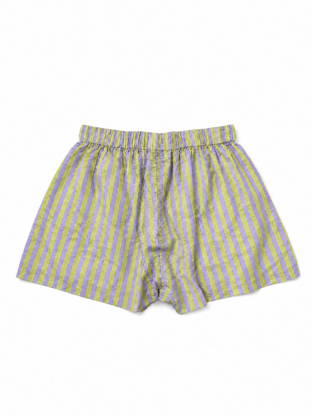 A pair of men's boxers featuring a vertical stripe pattern in olive green and light gray, laid flat against a white background. ETHICAL FASHION, CRAFTSMANSHIP, SUSTAINABLE FASHION, TRADITIONAL FASHION, ETHNIC FASHION, BOHEMIAN FASHION, MODA ETICA, MODA SOSTENIBILE, TECNICHE ARTIGIANALI, MODA TRADIZIONALE, MODA ETNICA, BOHEMIAN DRESS, MADE IN INDIA, HANDMADE IN INDIA, BLOCK PRINT, FLOWER SWIMWEAR, COSTUMI A FIORI, COSTUME DI COTONE, COTTON SWIMWEAR, ETNIC PRINTS, STAMPE INDIANE, STAMPE ETNICHE, COSTUME DA UO
