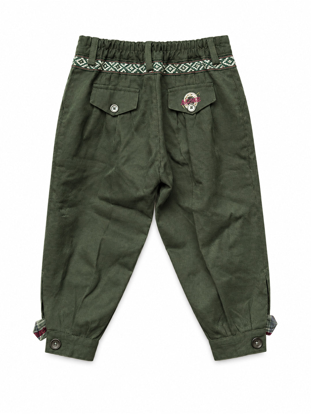 A pair of dark olive green pants with an elastic waistband, a geometric patterned trim, and buttoned cuffs, shown flat on a white background. Argentine Bombacha Pants, horseback riding, traditional gaucho, Argentine cowboy attire. Soft and breathable fabrics, perfect pants for all-day wear. With a loose fit and elasticated waistband, they allow for plenty of movement, while the high waist provides extra coverage. Everyday look, perfect for both urban and countryside adventures. Cotton Corduroy, KIDS, PANTS,