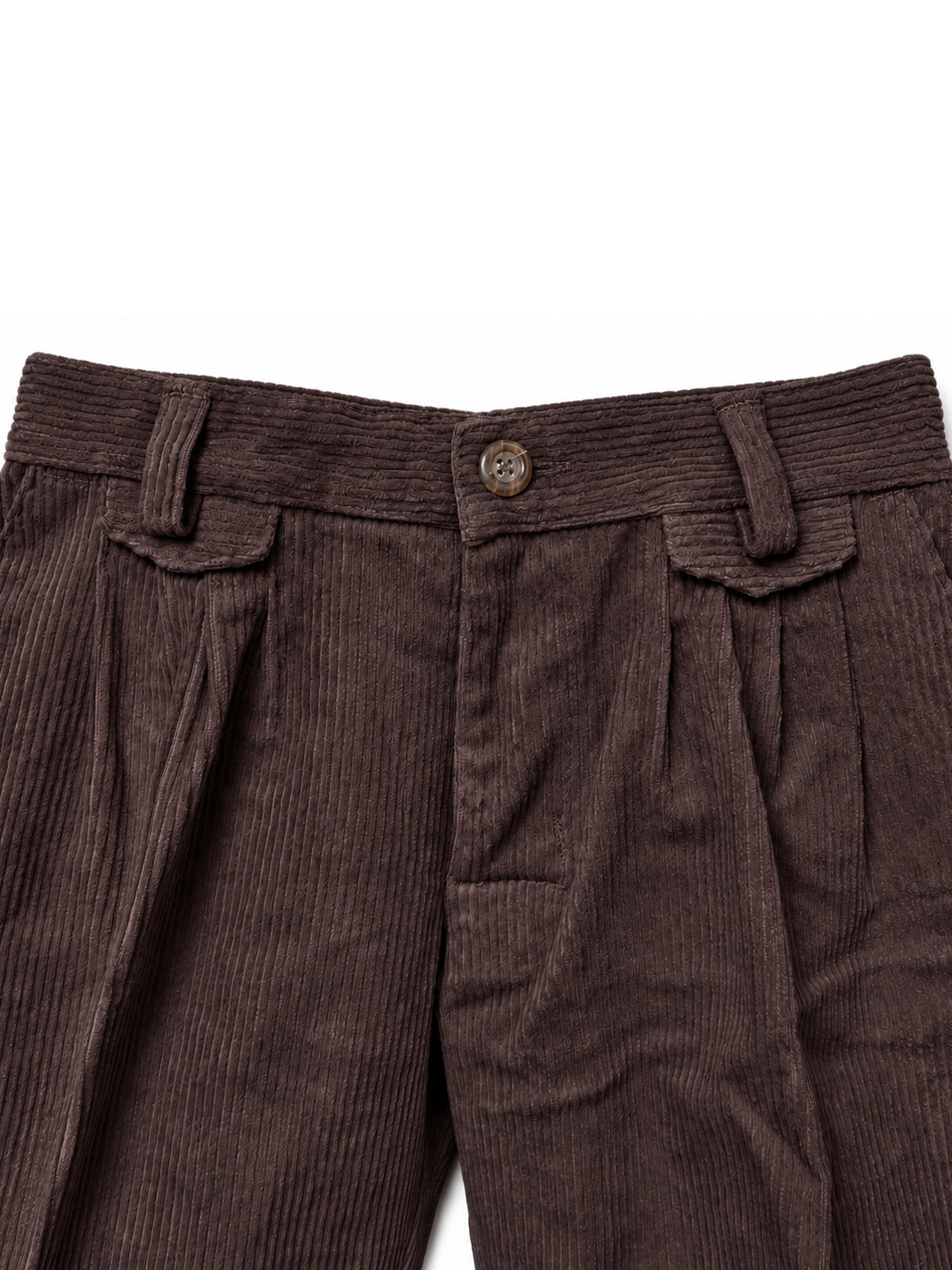 Close-up of dark brown corduroy trousers showing the waistband, button closure, belt loops, and front pleats against a plain white background. Argentine Bombacha Pants, horseback riding, traditional gaucho, Argentine cowboy attire. Soft and breathable fabrics, perfect pants for all-day wear. With a loose fit and elasticated waistband, they allow for plenty of movement, while the high waist provides extra coverage. Everyday look, perfect for both urban and countryside adventures. Cotton Corduroy, KIDS, PANTS