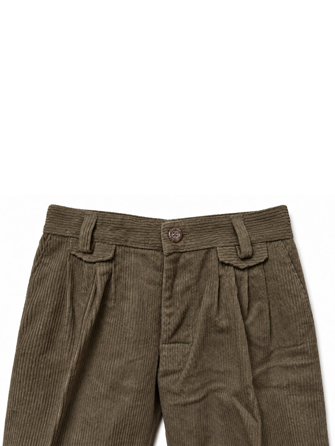 Close-up of the waistband of olive brown corduroy trousers, showing belt loops, a button closure, and pleats, on a plain white background. Argentine Bombacha Pants, horseback riding, traditional gaucho, Argentine cowboy attire. Soft and breathable fabrics, perfect pants for all-day wear. With a loose fit and elasticated waistband, they allow for plenty of movement, while the high waist provides extra coverage. Everyday look, perfect for both urban and countryside adventures. Cotton Corduroy, KIDS, PANTS, KI