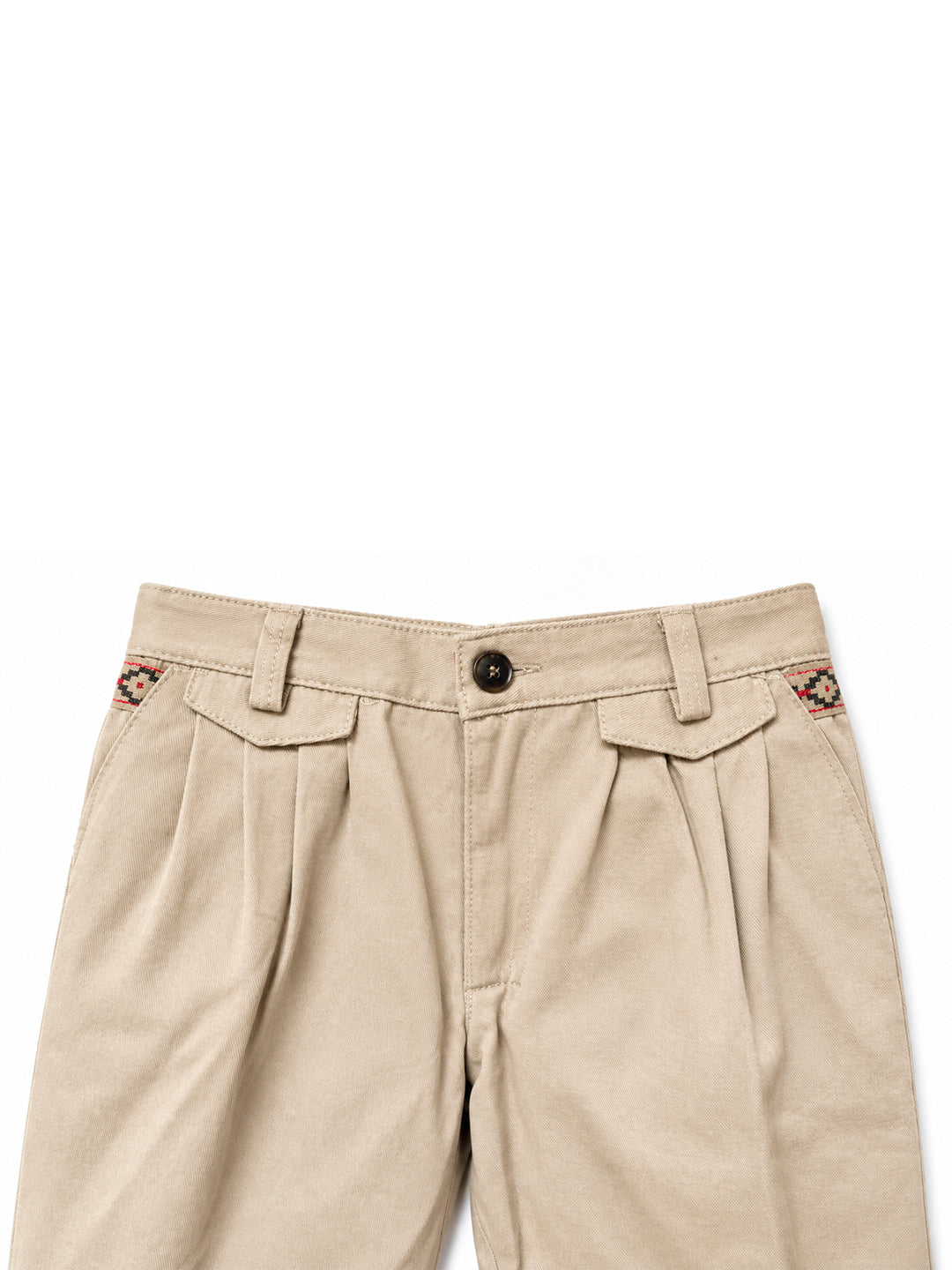 Beige pleated trousers with decorative embroidered details on the belt loops, shown against a plain white background. Argentine Bombacha Pants, horseback riding, traditional gaucho, Argentine cowboy attire. Soft and breathable fabrics, perfect pants for all-day wear. With a loose fit and elasticated waistband, they allow for plenty of movement, while the high waist provides extra coverage. Everyday look, perfect for both urban and countryside adventures. Cotton Corduroy, KIDS, PANTS, KIDSWEAR, BOTTOM, KIDS 