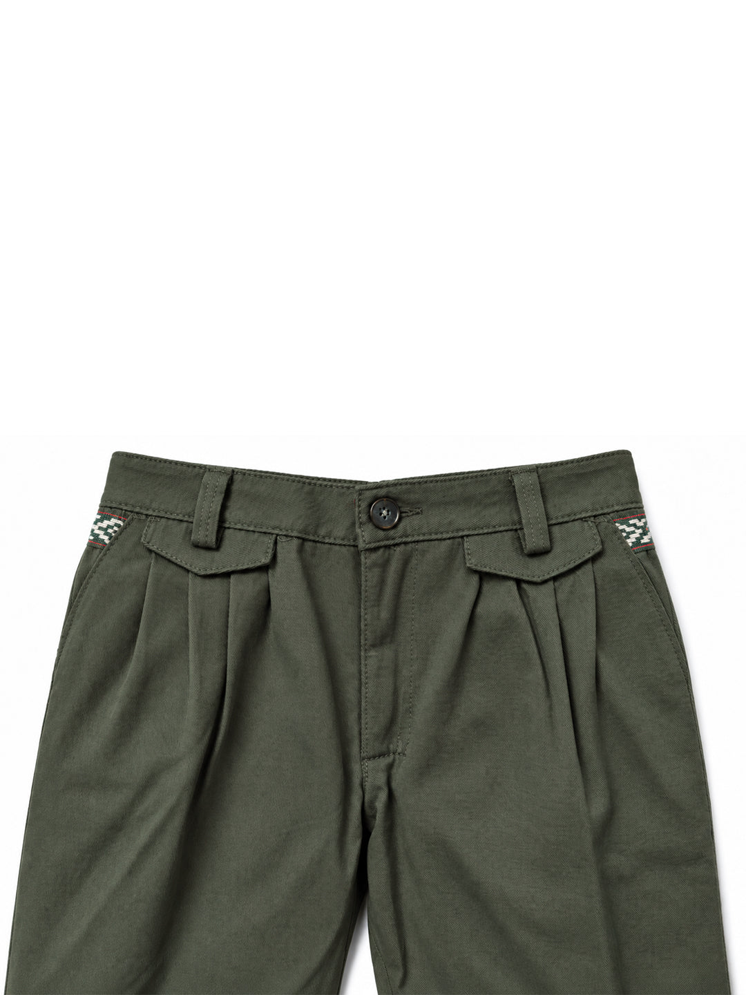 A close-up of olive green pleated trousers showing the waistband, button closure, belt loops, and front pockets against a plain white background. Argentine Bombacha Pants, horseback riding, traditional gaucho, Argentine cowboy attire. Soft and breathable fabrics, perfect pants for all-day wear. With a loose fit and elasticated waistband, they allow for plenty of movement, while the high waist provides extra coverage. Everyday look, perfect for both urban and countryside adventures. Cotton Corduroy, KIDS, PA