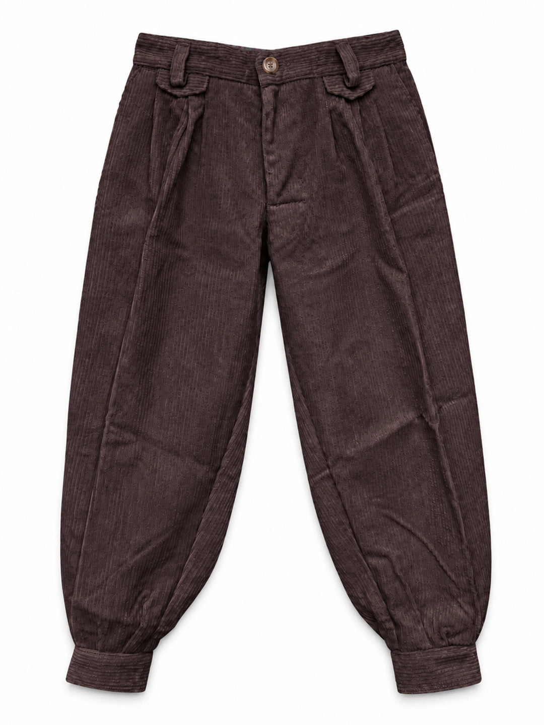 A pair of dark brown corduroy pants with a unique balloon-style leg silhouette, featuring elastic cuffs and a button closure, shown flat on a white background. Argentine Bombacha Pants, horseback riding, traditional gaucho, Argentine cowboy attire. Soft and breathable fabrics, perfect pants for all-day wear. With a loose fit and elasticated waistband, they allow for plenty of movement, while the high waist provides extra coverage. Everyday look, perfect for both urban and countryside adventures. Cotton Cord