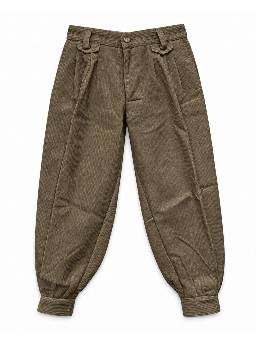 A pair of brown corduroy trousers with a unique balloon-style leg silhouette, pleated front details, and ribbed cuffs, shown flat on a white background. Argentine Bombacha Pants, horseback riding, traditional gaucho, Argentine cowboy attire. Soft and breathable fabrics, perfect pants for all-day wear. With a loose fit and elasticated waistband, they allow for plenty of movement, while the high waist provides extra coverage. Everyday look, perfect for both urban and countryside adventures. Cotton Corduroy, K