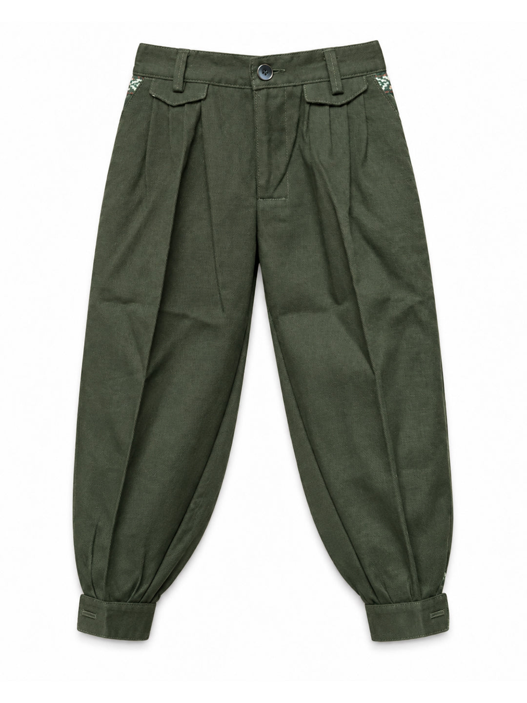 Olive green pleated trousers with a button closure and cuffed harem-style legs, shown flat against a white background. Argentine Bombacha Pants, horseback riding, traditional gaucho, Argentine cowboy attire. Soft and breathable fabrics, perfect pants for all-day wear. With a loose fit and elasticated waistband, they allow for plenty of movement, while the high waist provides extra coverage. Everyday look, perfect for both urban and countryside adventures. Cotton Corduroy, KIDS, PANTS, KIDSWEAR, BOTTOM, KIDS