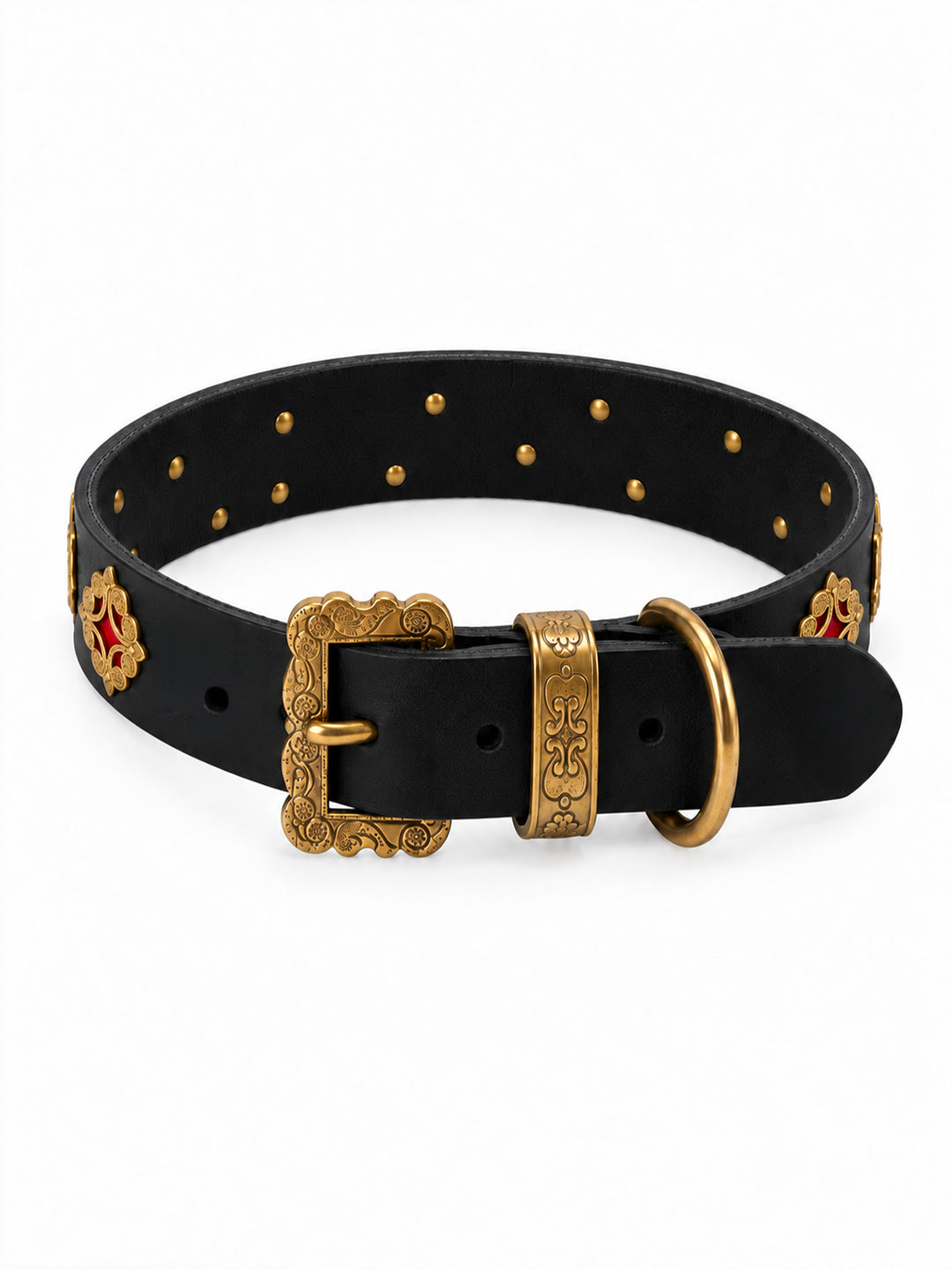 A black leather collar with ornate gold-tone hardware, featuring a decorative buckle, a metal keeper, a large ring, and small gold studs along the strap, accented with red and gold enamel details on the sides. The Alpine collar, Appenzeller collar, made in Switzerland, handmade, mountain collar, leather belt, cintura di pelle, cintura con le mucche, stelle alpine, cintura svizzera, cintura tirolese, cintura ampezzana, traditional belt, cow belt, kids belt, artisanal kids belt, artisanal belt, cinture da bam