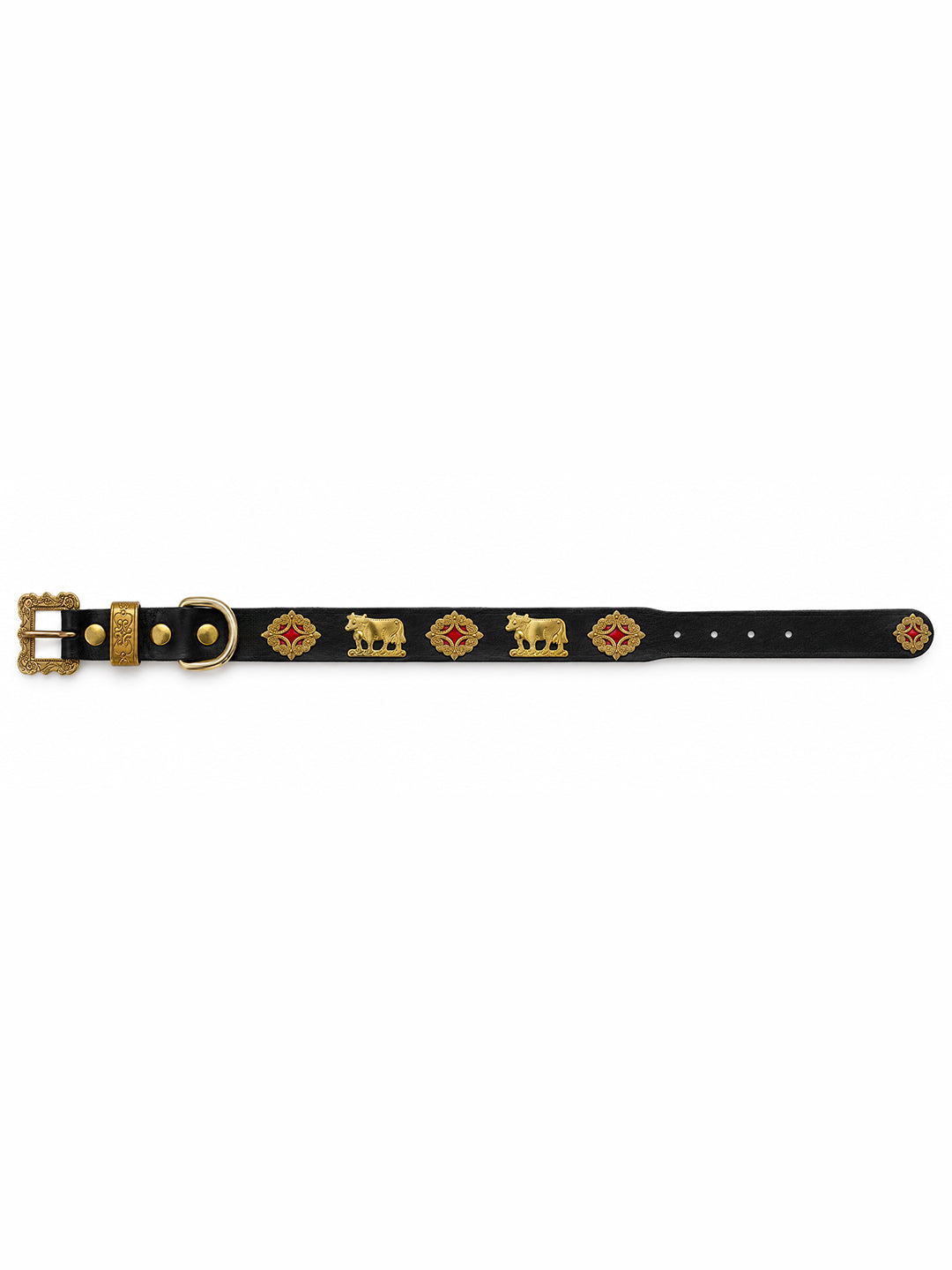 A black leather belt featuring gold-tone metal hardware, including a decorative buckle, studs, and a repeating pattern of lion and diamond motifs. The Alpine collar, Appenzeller collar, made in Switzerland, handmade, mountain collar, leather belt, cintura di pelle, cintura con le mucche, stelle alpine, cintura svizzera, cintura tirolese, cintura ampezzana, traditional belt, cow belt, kids belt, artisanal kids belt, artisanal belt, cinture da bambini, cinture artigianali.