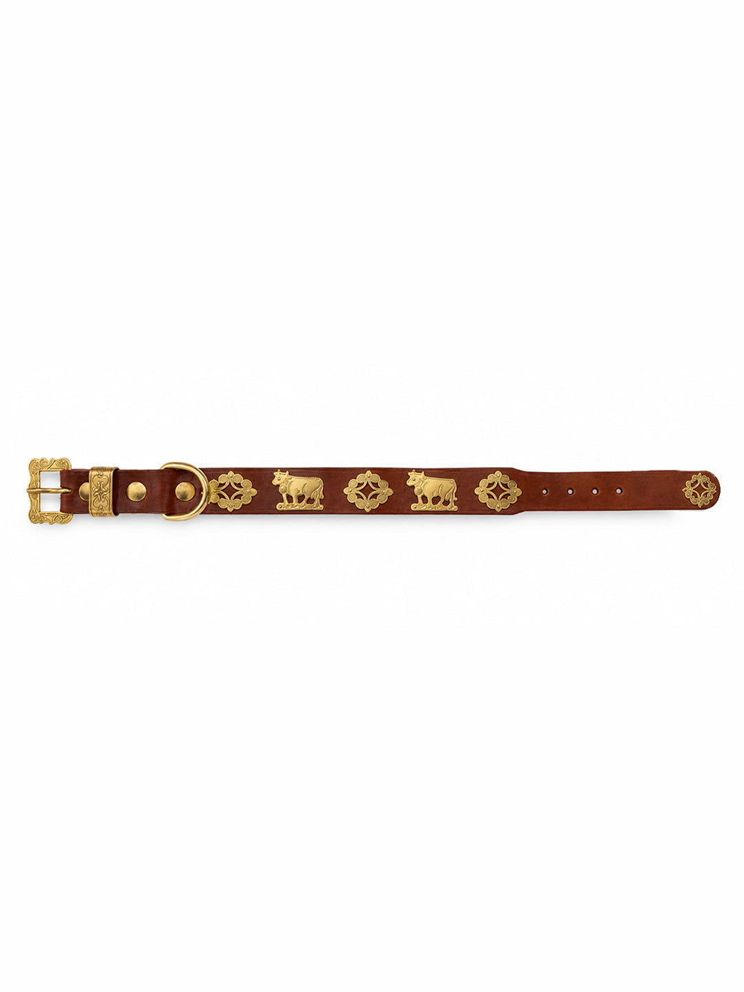 A brown leather belt featuring gold-tone metal studs with lion and diamond motifs, a decorative buckle, and a gold-tone ring, displayed horizontally on a white background. The Alpine collar, Appenzeller collar, made in Switzerland, handmade, mountain collar, leather belt, cintura di pelle, cintura con le mucche, stelle alpine, cintura svizzera, cintura tirolese, cintura ampezzana, traditional belt, cow belt, kids belt, artisanal kids belt, artisanal belt, cinture da bambini, cinture artigianali.